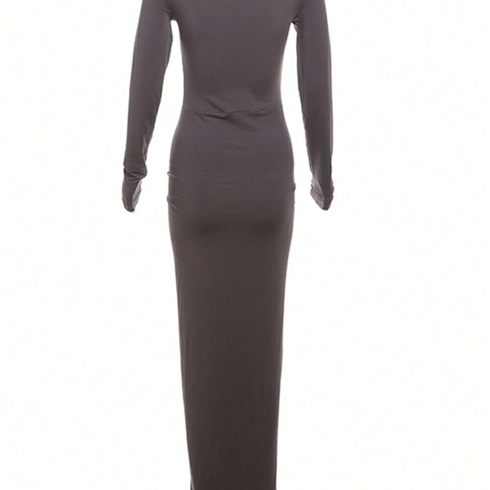 Coffee Elegant Women's Ruched Slim Waist Dress - Picture 2 of 4